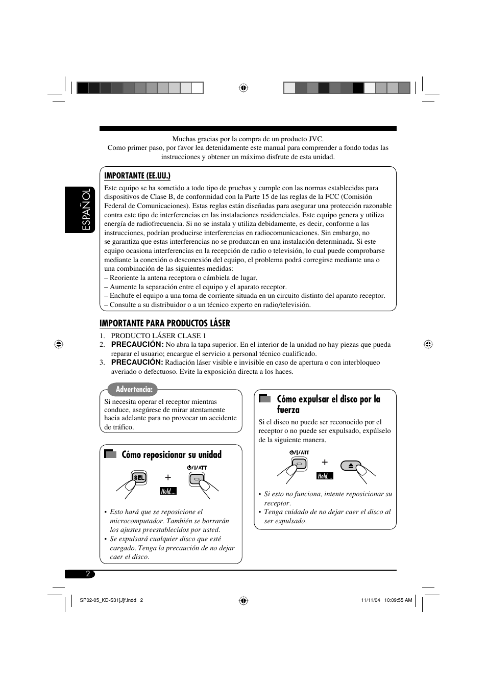 Esp añol, Cómo expulsar el disco por la fuerza, Cómo reposicionar su unidad | JVC KD-S31 User Manual | Page 34 / 98