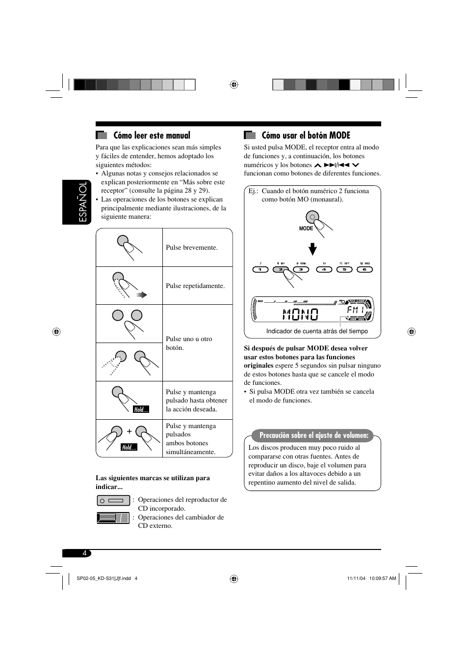 Esp añol cómo usar el botón mode, Cómo leer este manual | JVC KD-S31 User Manual | Page 36 / 98