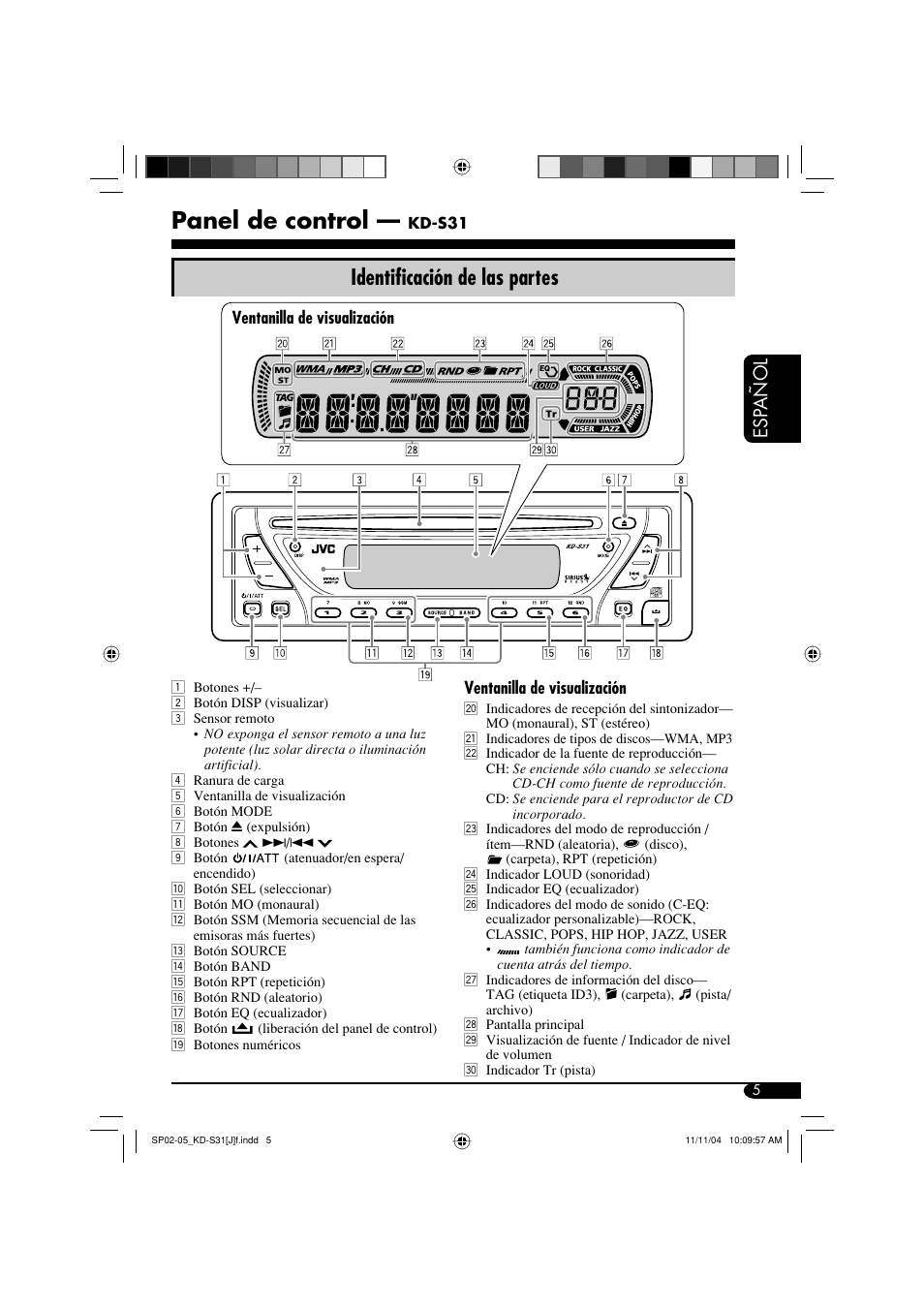 Panel de control, Identificación de las partes, Esp añol | JVC KD-S31 User Manual | Page 37 / 98