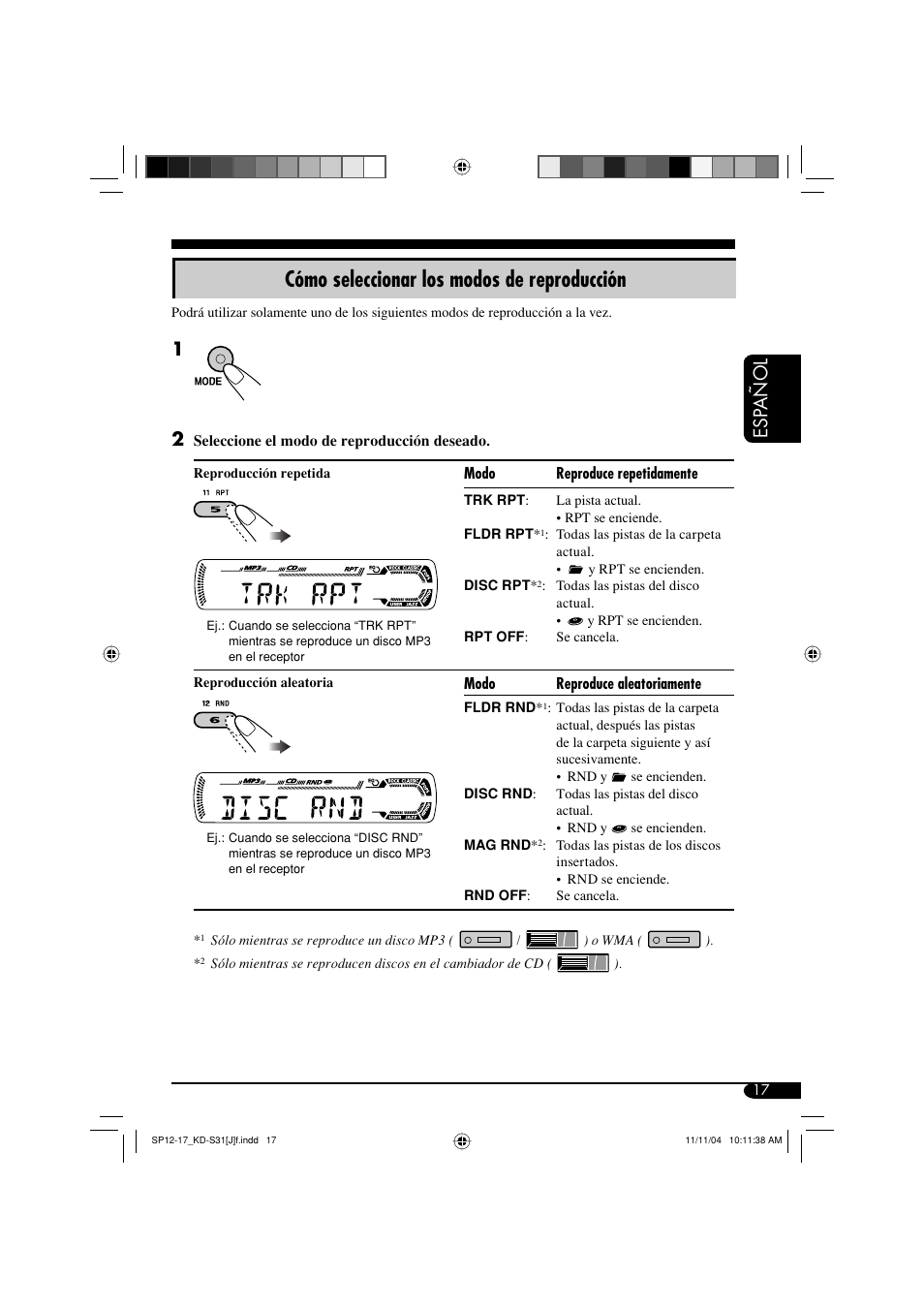 Cómo seleccionar los modos de reproducción, Esp añol | JVC KD-S31 User Manual | Page 49 / 98