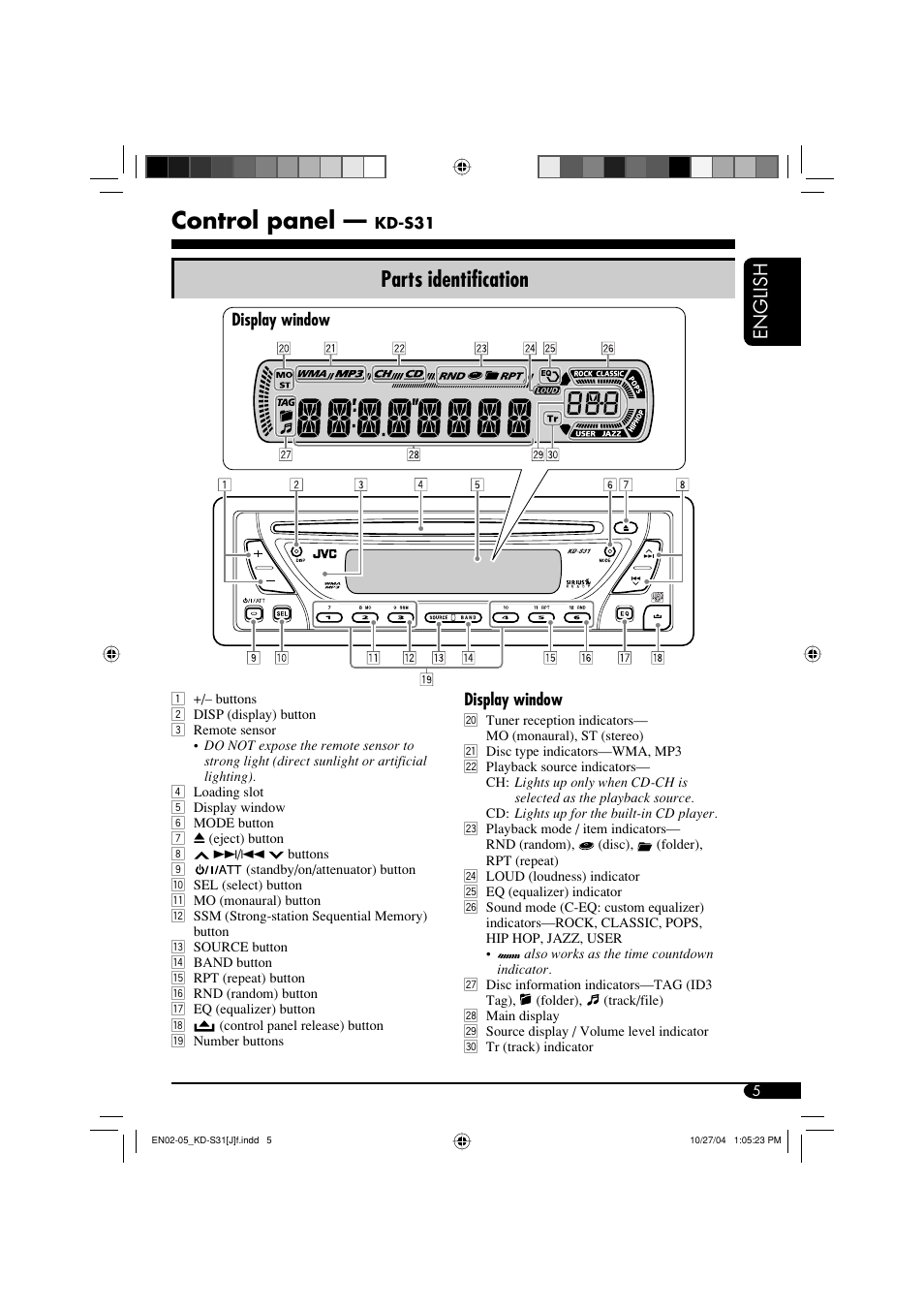 Control panel, Parts identification, English | JVC KD-S31 User Manual | Page 5 / 98