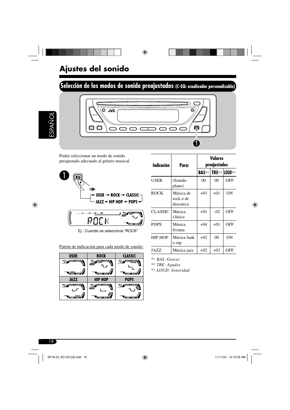 Ajustes del sonido, Selección de los modos de sonido preajustados, Esp añol | JVC KD-S31 User Manual | Page 50 / 98