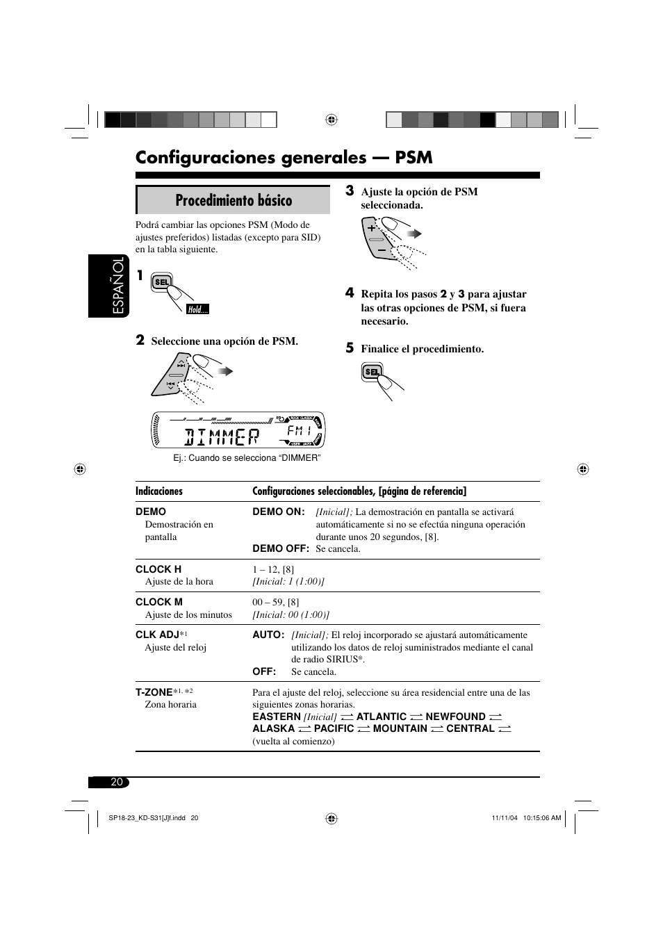 Configuraciones generales — psm, Procedimiento básico, Esp añol | JVC KD-S31 User Manual | Page 52 / 98