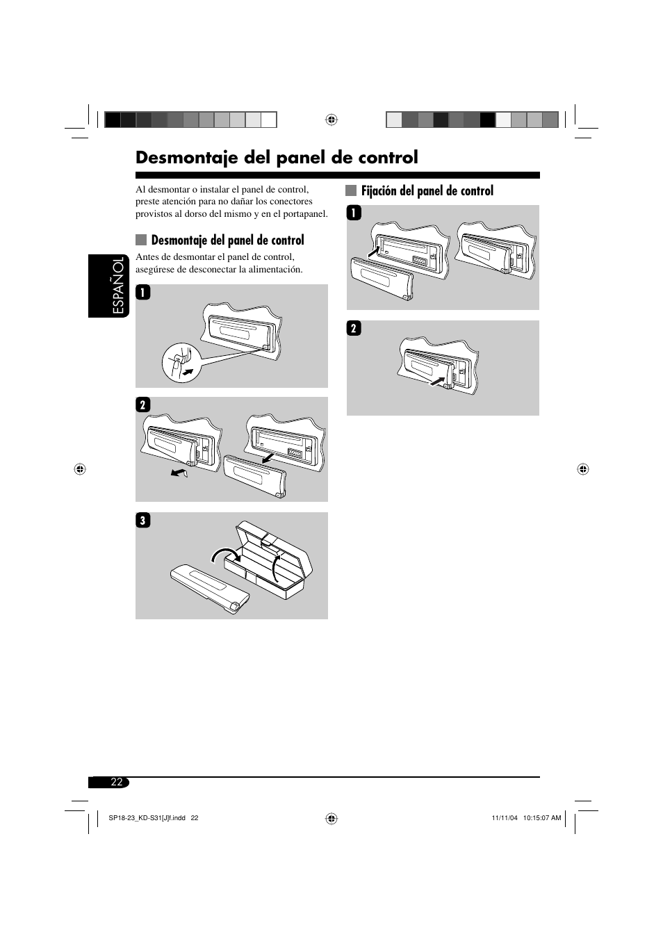 Esp añol, Desmontaje del panel de control, Fijación del panel de control | JVC KD-S31 User Manual | Page 54 / 98