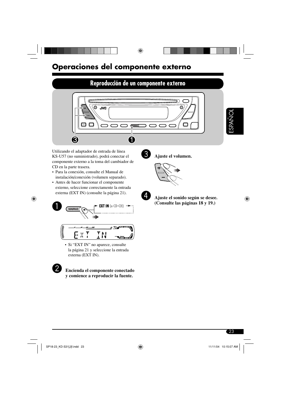 Operaciones del componente externo, Reproducción de un componente externo | JVC KD-S31 User Manual | Page 55 / 98