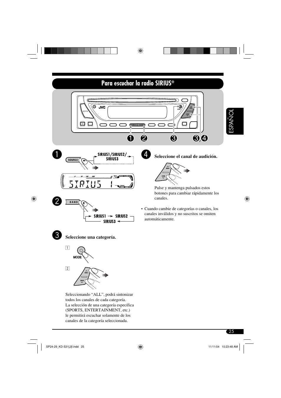 Para escuchar la radio sirius | JVC KD-S31 User Manual | Page 57 / 98