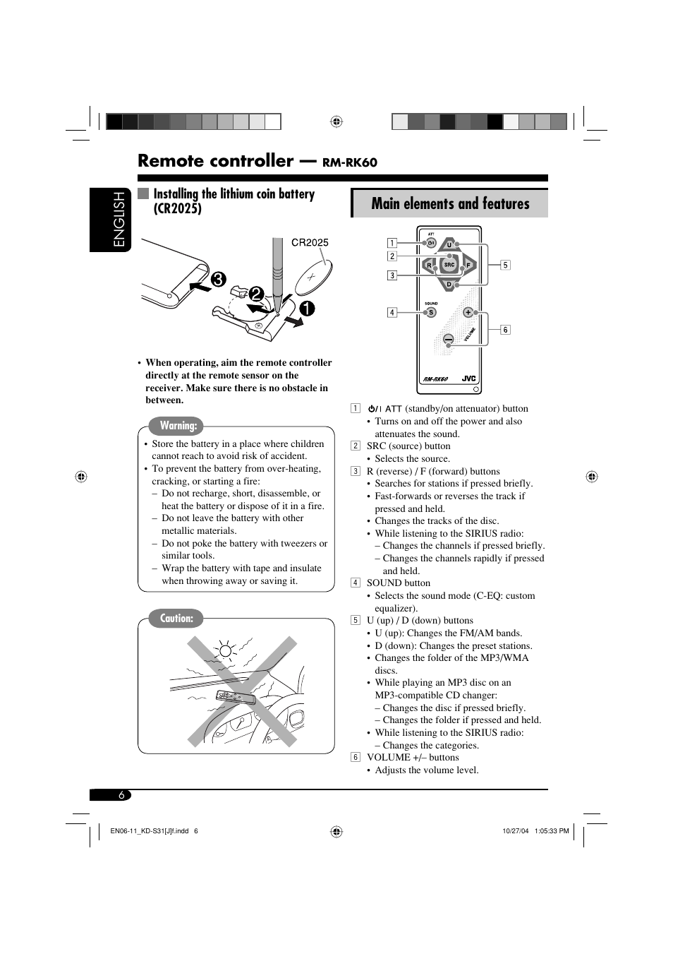 Remote controller, Main elements and features, English | Installing the lithium coin battery (cr2025) | JVC KD-S31 User Manual | Page 6 / 98