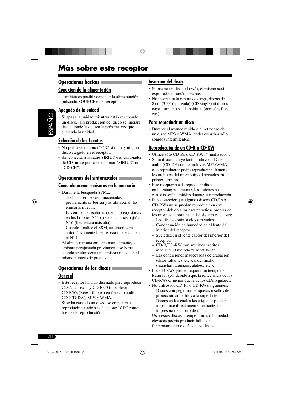 Más sobre este receptor, Esp añol, Operaciones básicas | Operaciones del sintonizador, Operaciones de los discos | JVC KD-S31 User Manual | Page 60 / 98