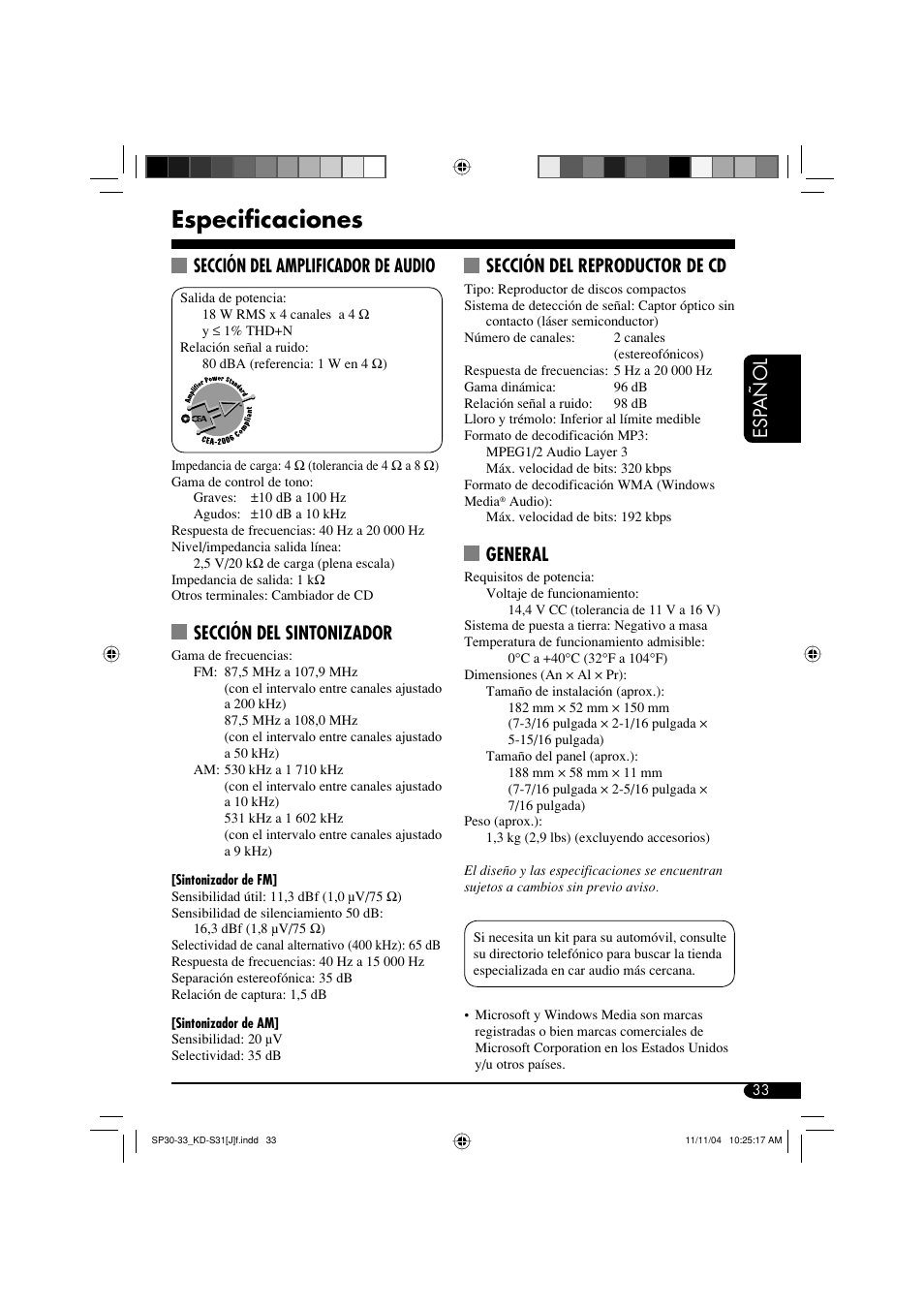 Especificaciones, Esp añol sección del reproductor de cd, General | Sección del amplificador de audio, Sección del sintonizador | JVC KD-S31 User Manual | Page 65 / 98