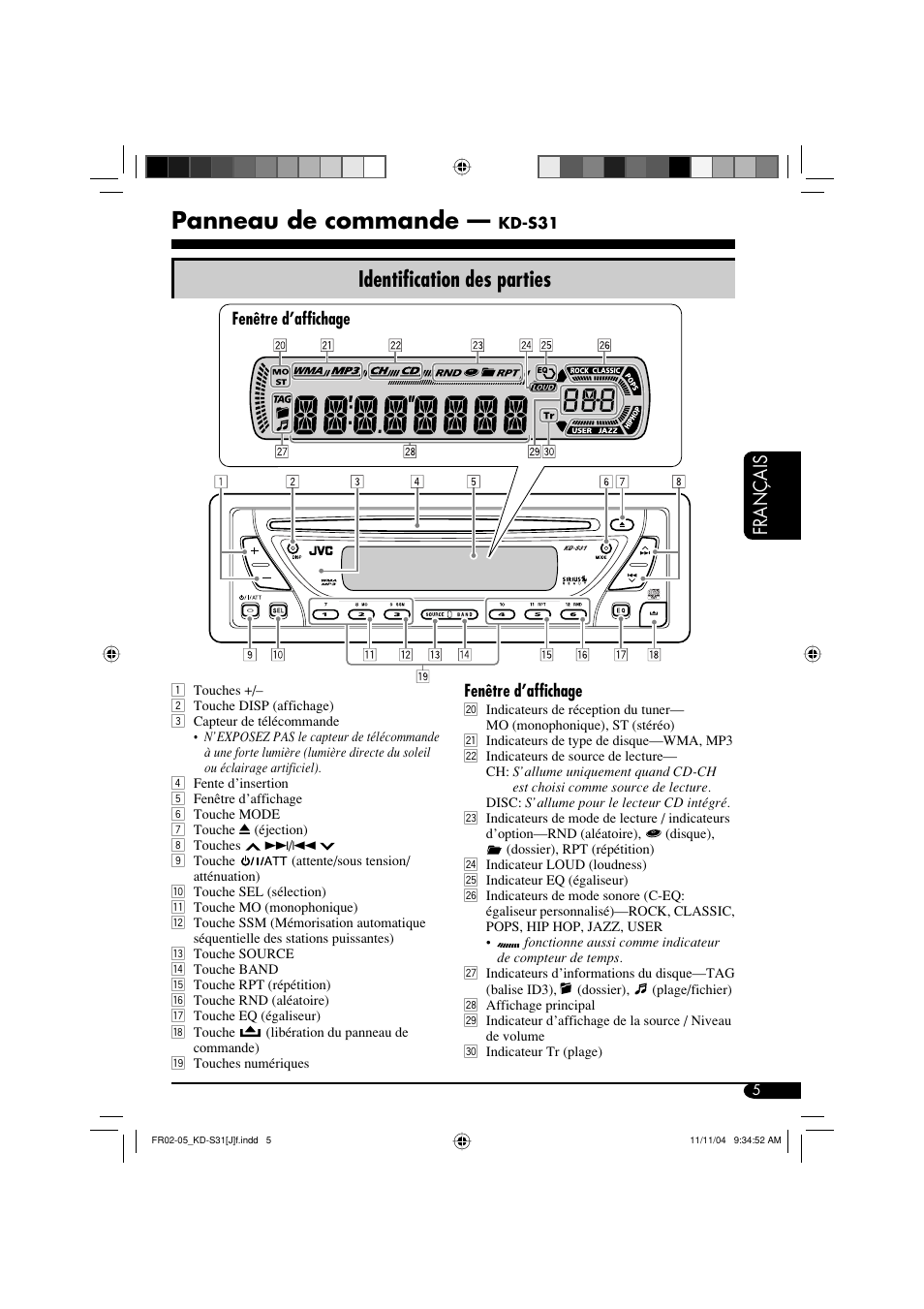 Panneau de commande, Identification des parties, Français | JVC KD-S31 User Manual | Page 69 / 98