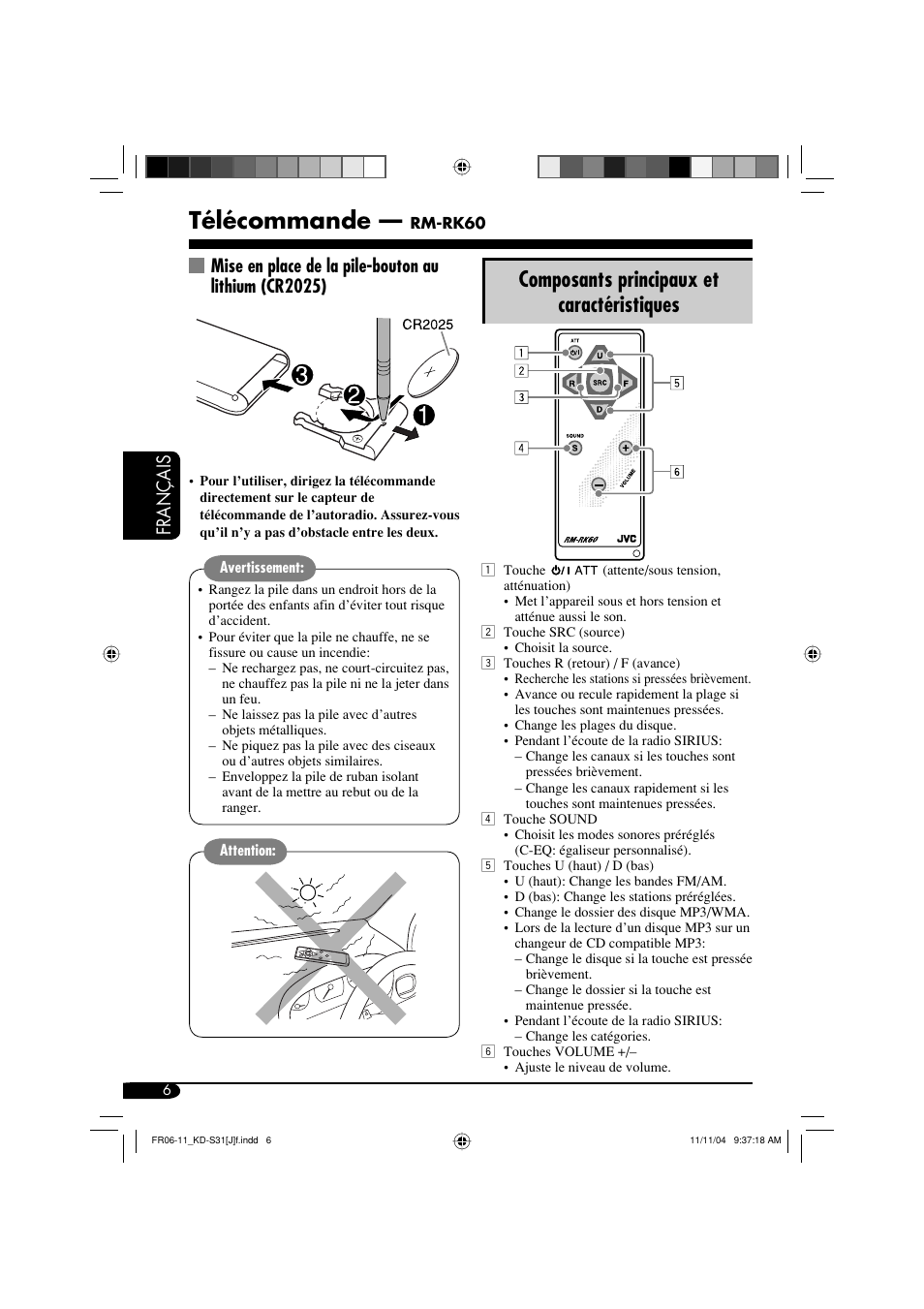 Télécommande, Composants principaux et caractéristiques, Français | JVC KD-S31 User Manual | Page 70 / 98