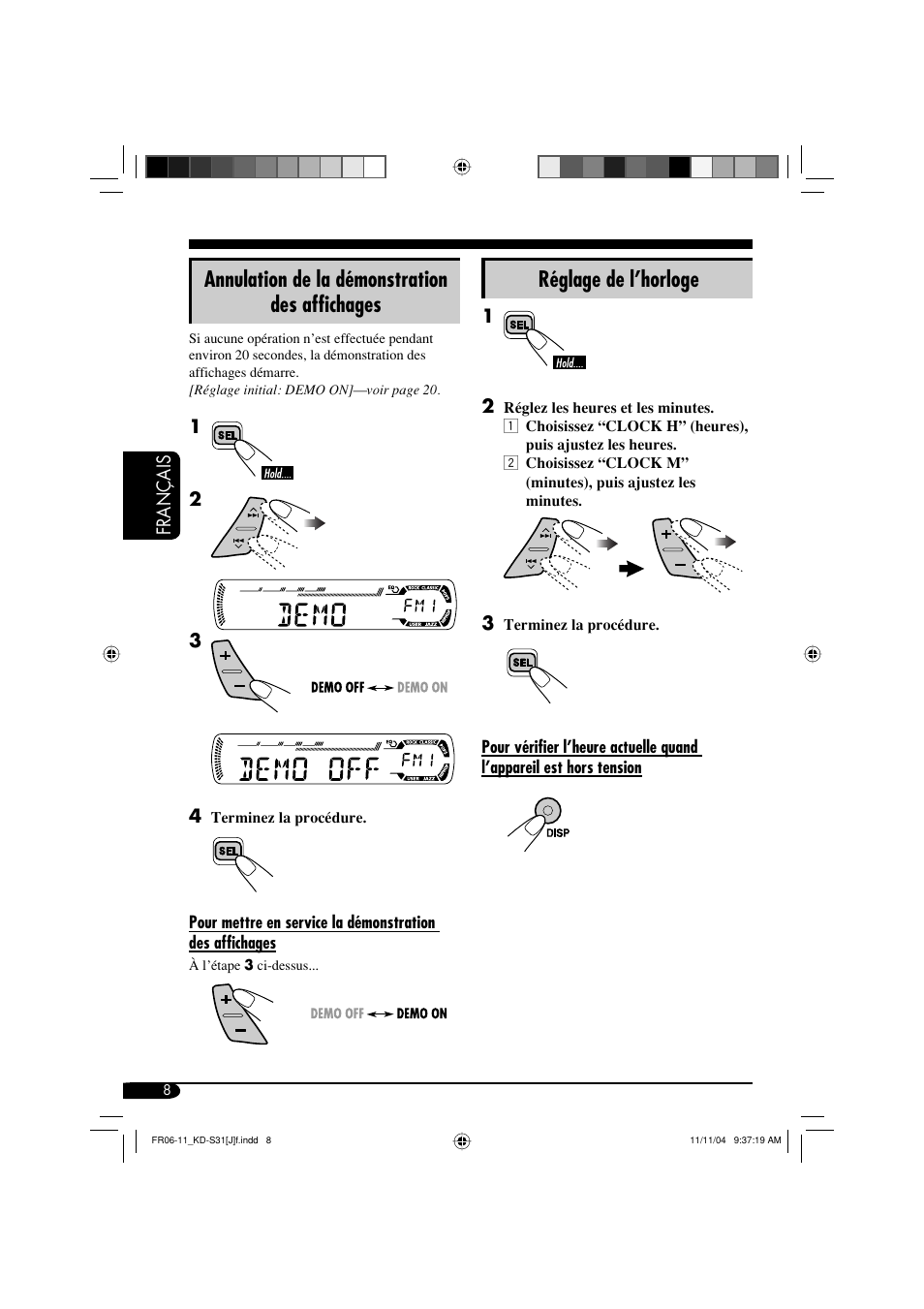 Annulation de la démonstration des affichages, Réglage de l’horloge | JVC KD-S31 User Manual | Page 72 / 98