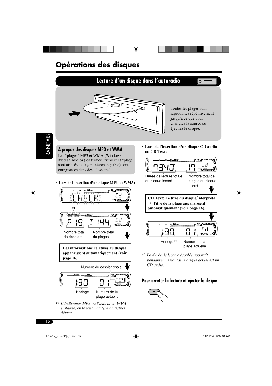 Opérations des disques, Lecture d’un disque dans l’autoradio, Français | A propos des disques mp3 et wma, Pour arrêter la lecture et éjecter le disque | JVC KD-S31 User Manual | Page 76 / 98