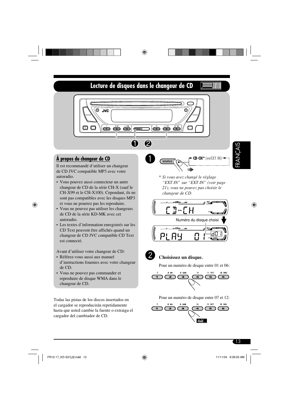 Lecture de disques dans le changeur de cd, Français | JVC KD-S31 User Manual | Page 77 / 98