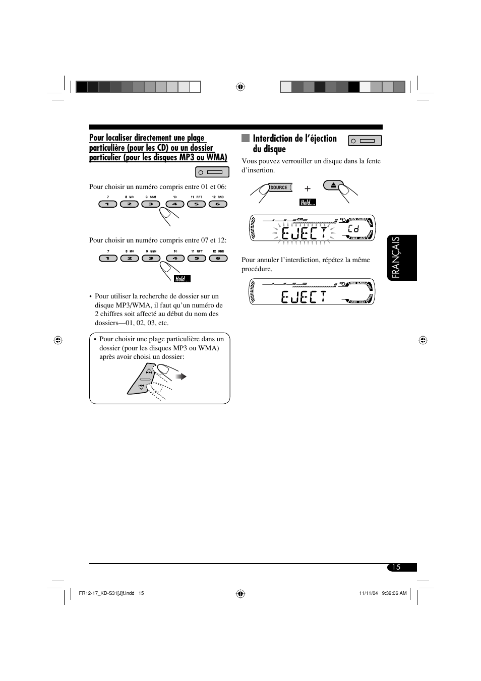 Français, Interdiction de l’éjection du disque | JVC KD-S31 User Manual | Page 79 / 98