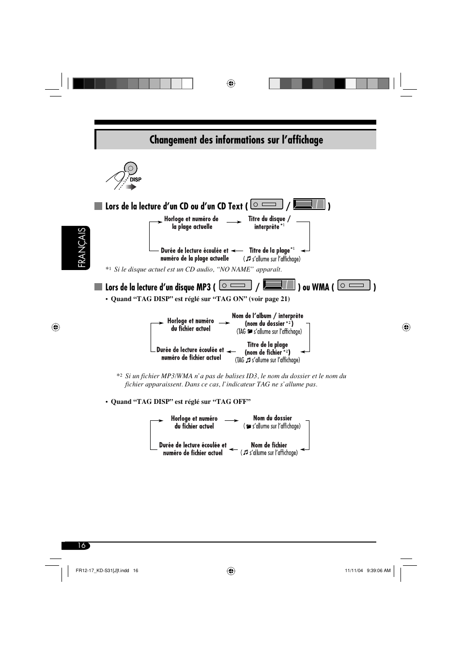 Changement des informations sur l’affichage, Français, Lors de la lecture d’un cd ou d’un cd text ( / ) | JVC KD-S31 User Manual | Page 80 / 98