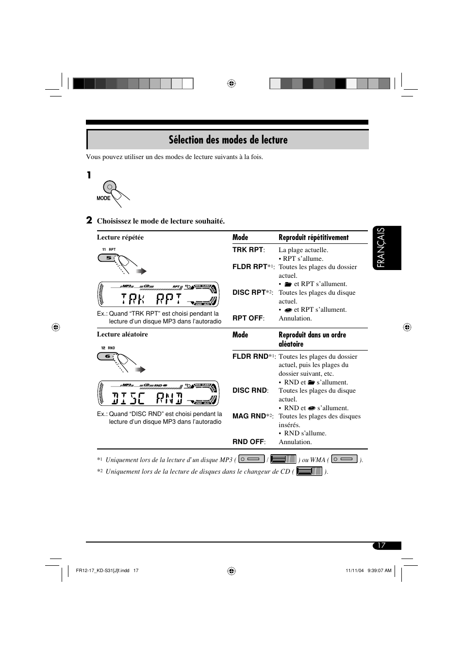 Sélection des modes de lecture, Français | JVC KD-S31 User Manual | Page 81 / 98