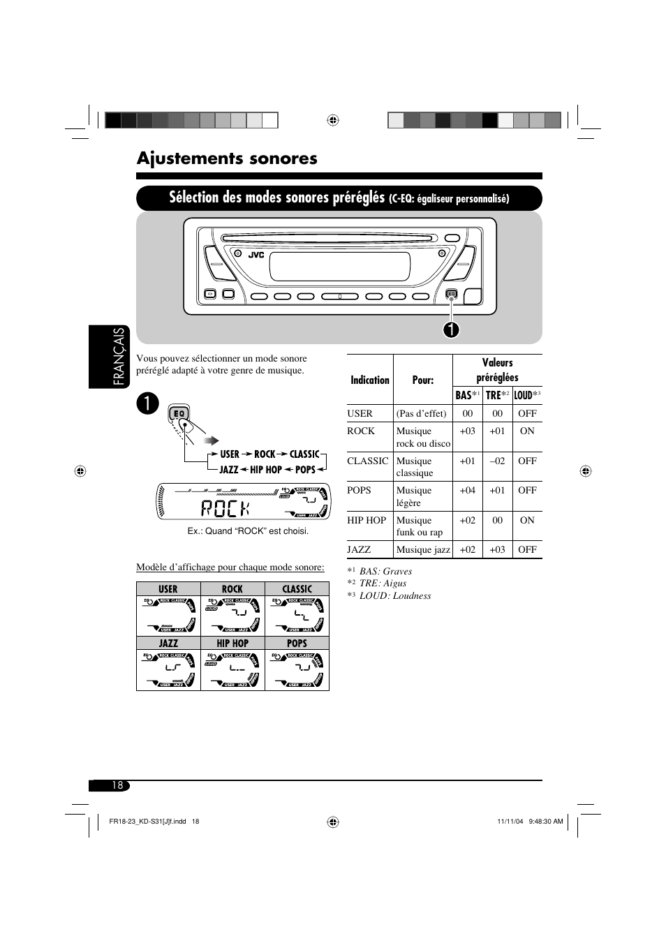 Ajustements sonores, Sélection des modes sonores préréglés, Français | JVC KD-S31 User Manual | Page 82 / 98
