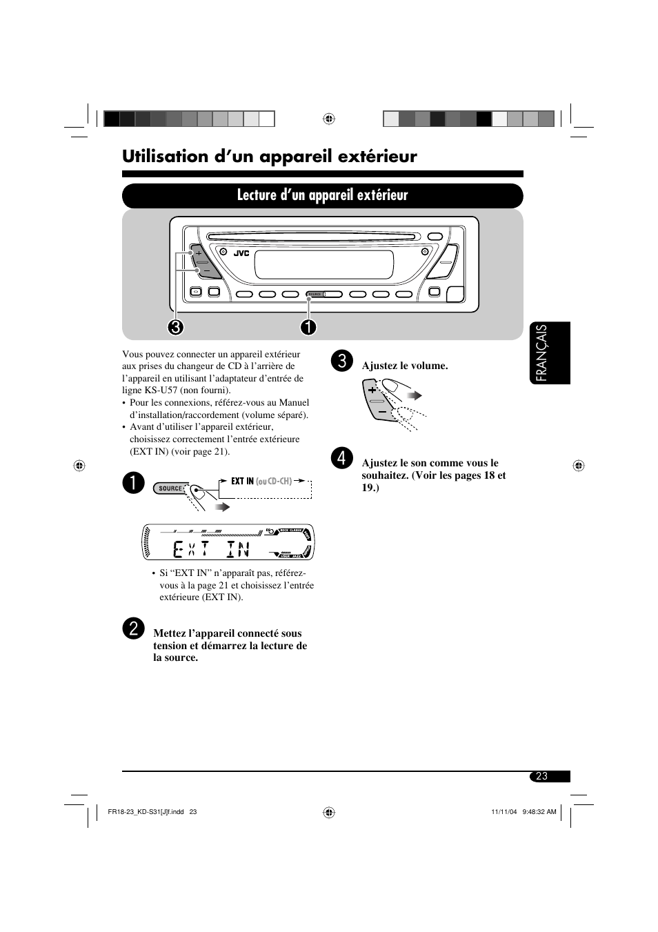 Utilisation d’un appareil extérieur, Lecture d’un appareil extérieur | JVC KD-S31 User Manual | Page 87 / 98