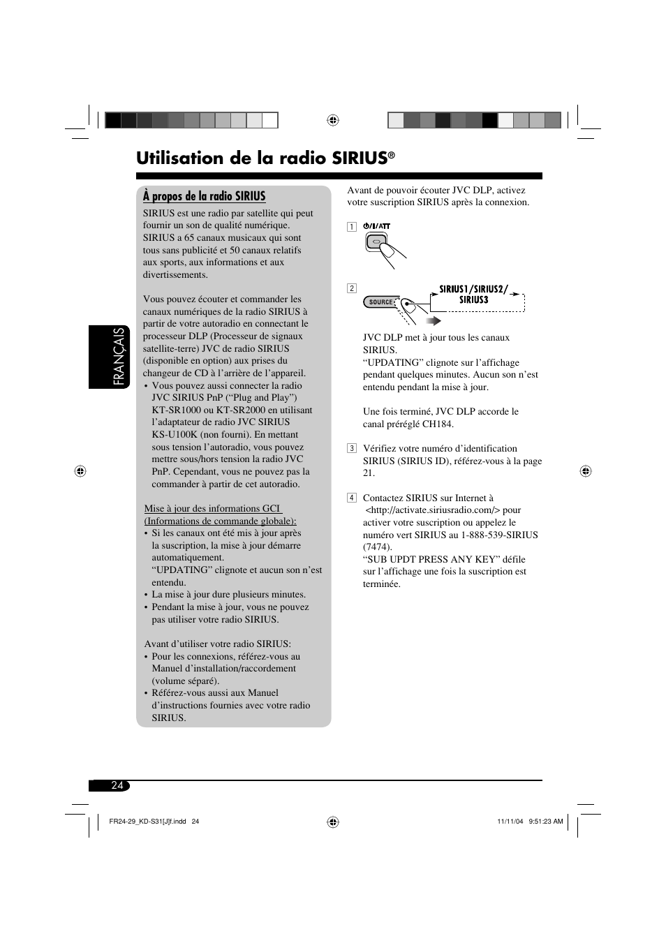 Utilisation de la radio sirius, Français | JVC KD-S31 User Manual | Page 88 / 98