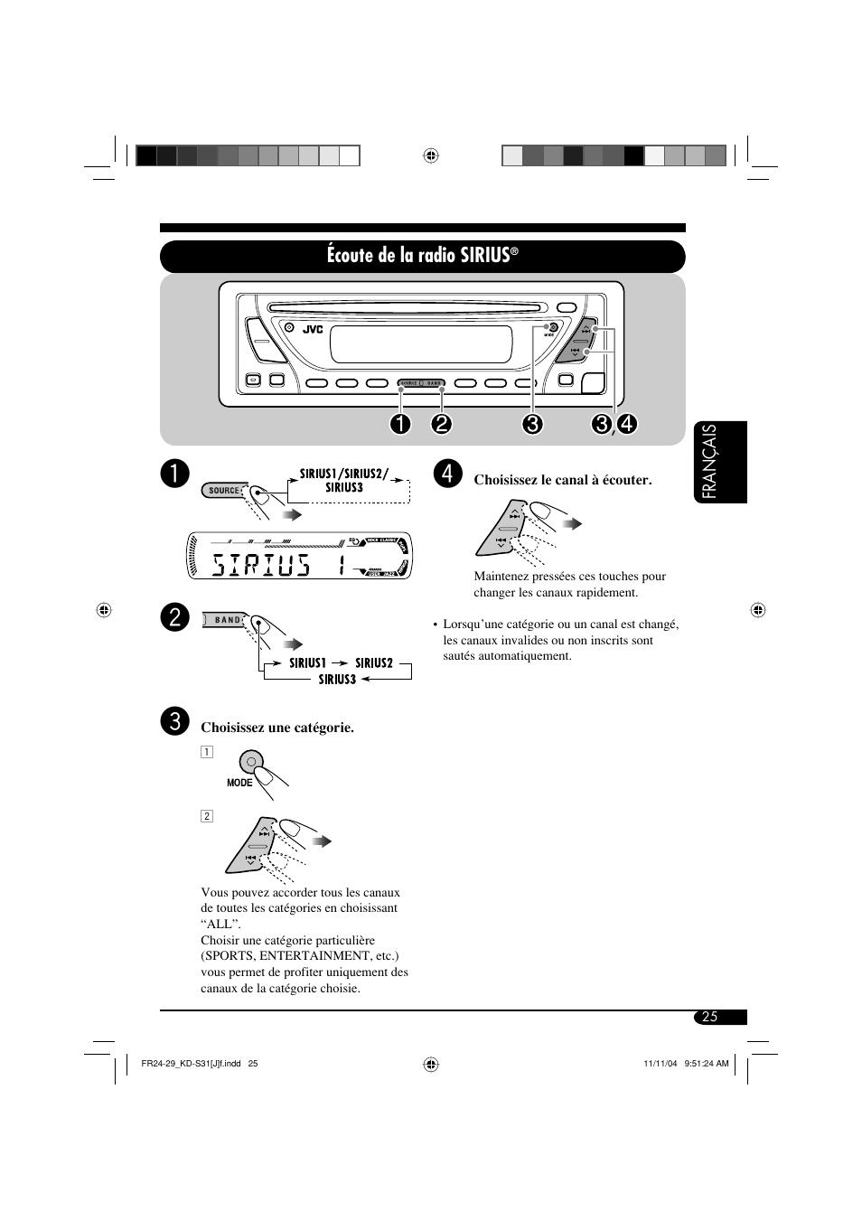 Écoute de la radio sirius | JVC KD-S31 User Manual | Page 89 / 98