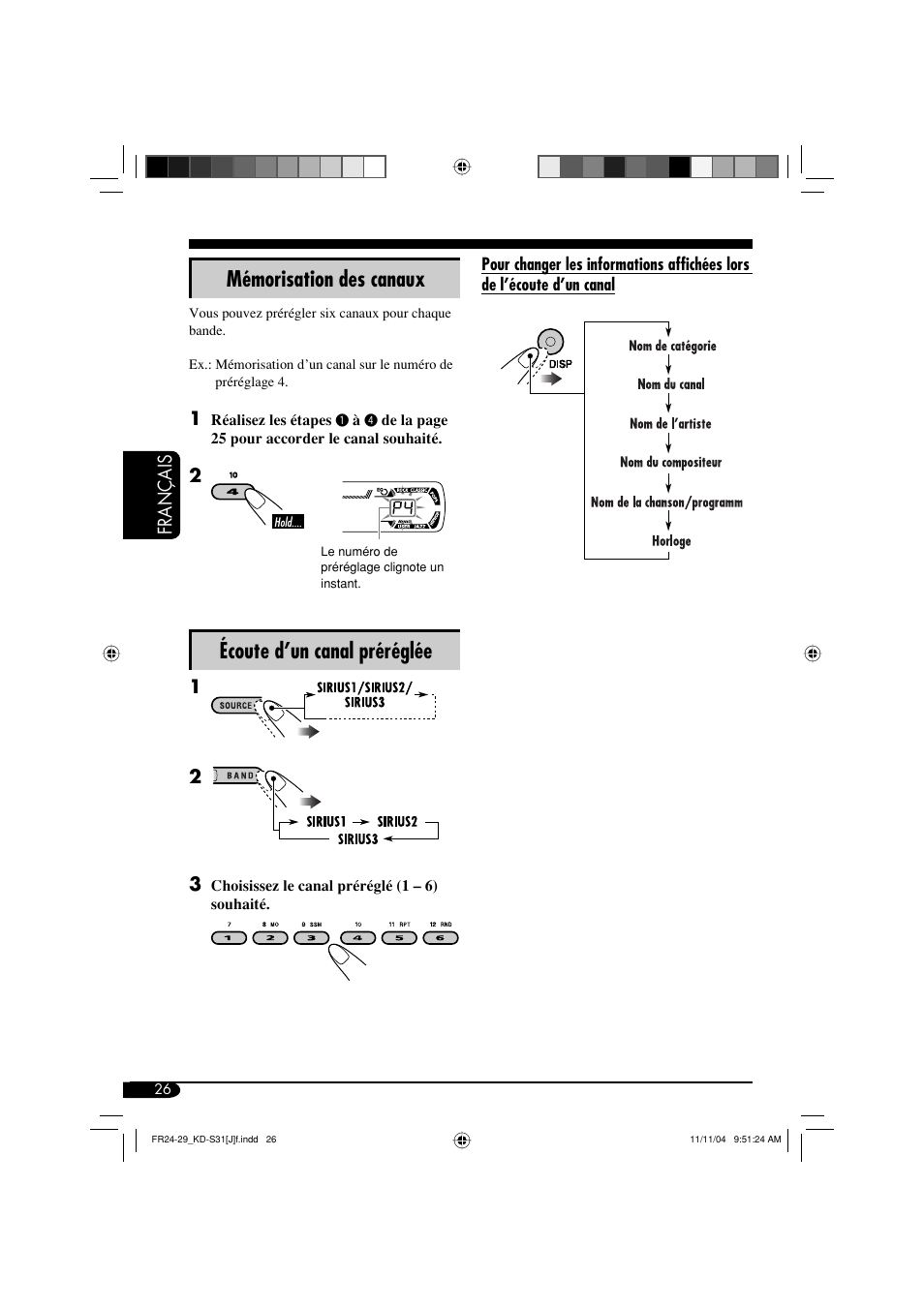 Mémorisation des canaux, Écoute d’un canal préréglée | JVC KD-S31 User Manual | Page 90 / 98