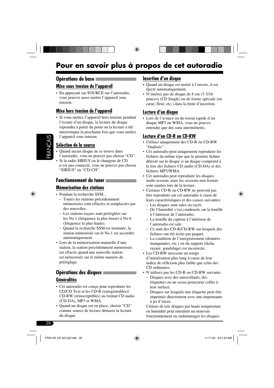 Pour en savoir plus à propos de cet autoradio, Français, Opérations de base | Fonctionnement du tuner, Opérations des disques | JVC KD-S31 User Manual | Page 92 / 98