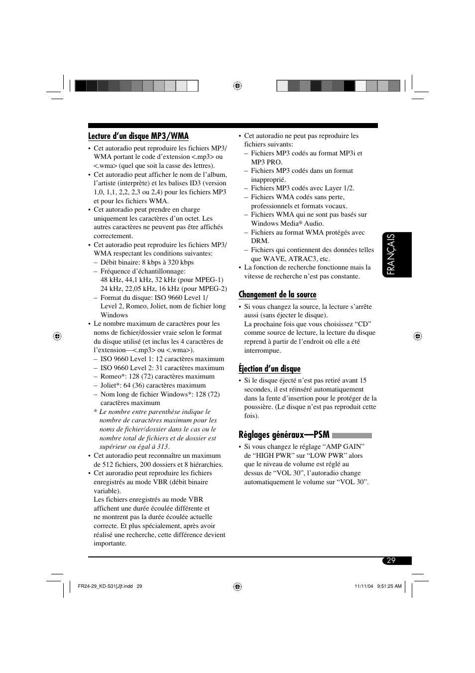 Français, Réglages généraux—psm | JVC KD-S31 User Manual | Page 93 / 98