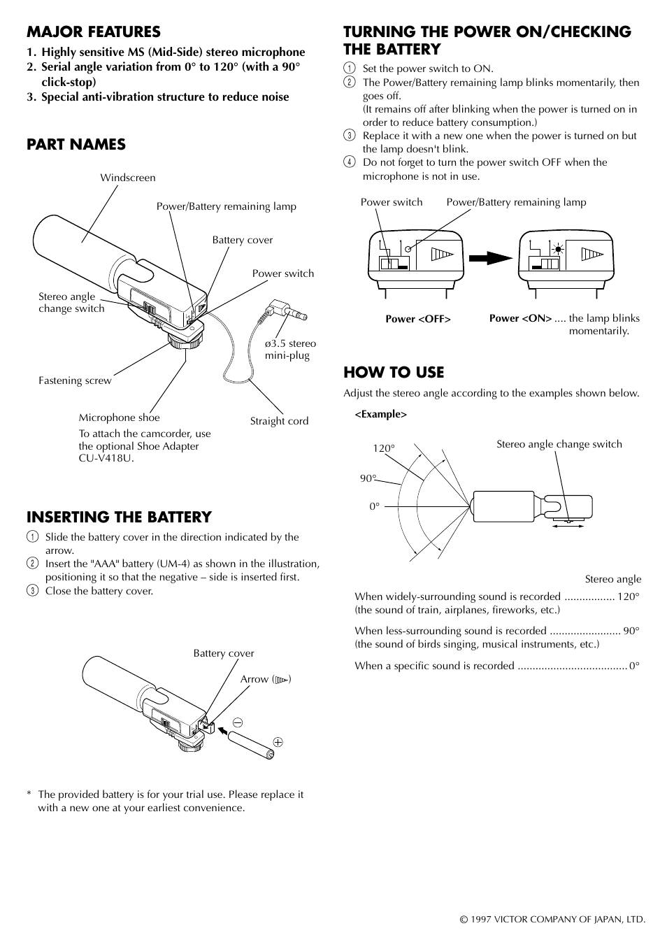 Major features, Part names inserting the battery, Turning the power on/checking the battery | How to use | JVC CU-V10E User Manual | Page 2 / 2