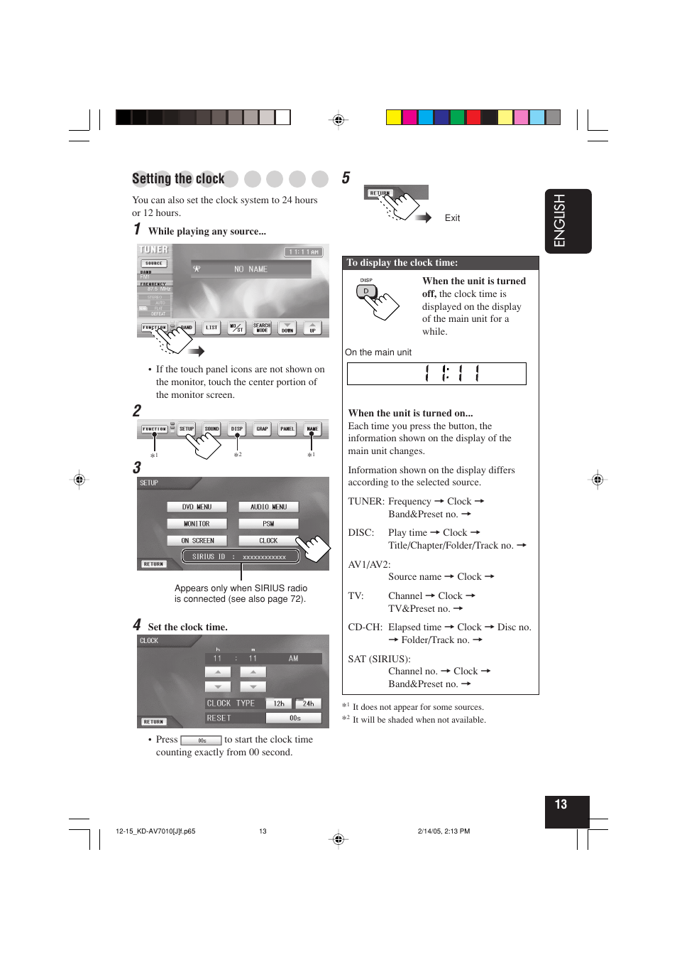 English, Setting the clock | JVC KD-AV7010 User Manual | Page 13 / 92