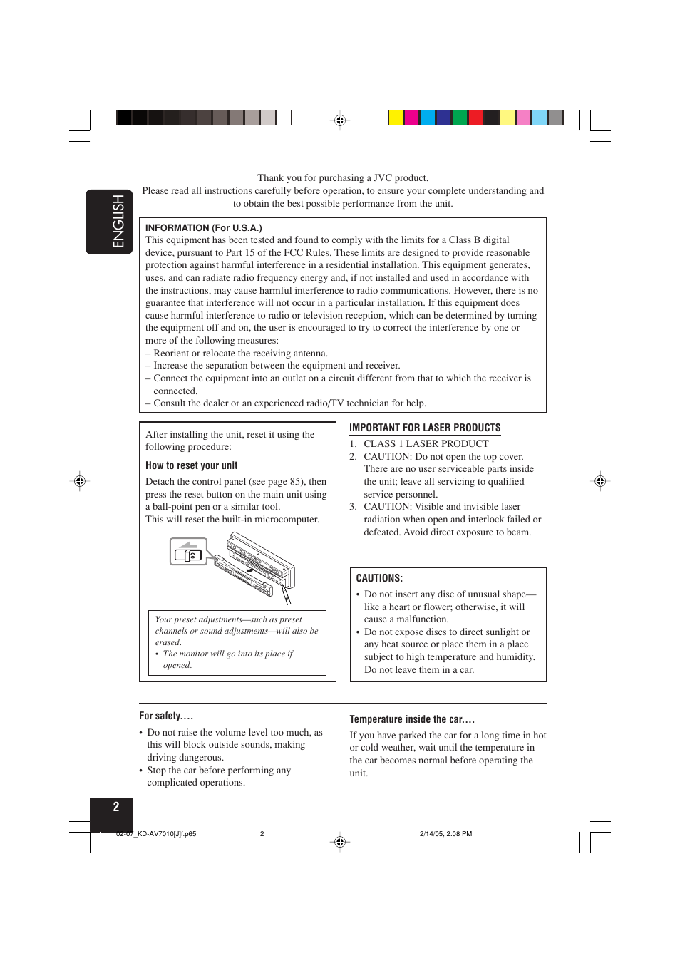 Information (for u.s.a.), Important for laser products, English | JVC KD-AV7010 User Manual | Page 2 / 92
