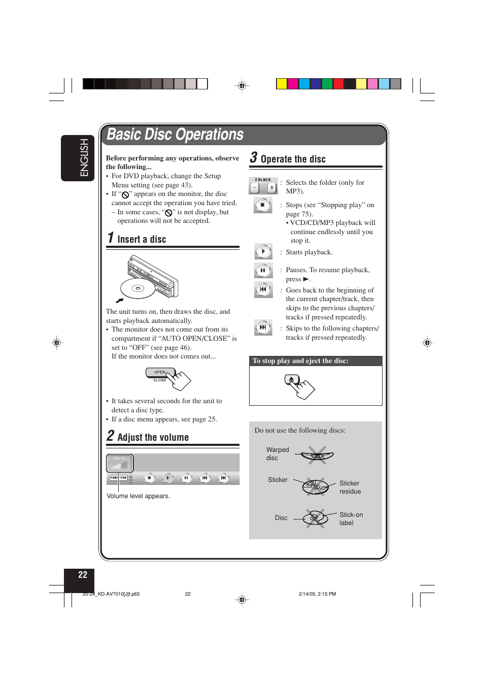 Basic disc operations, English, Insert a disc | Adjust the volume, Operate the disc | JVC KD-AV7010 User Manual | Page 22 / 92