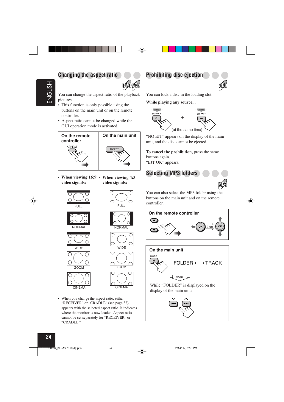 English, Changing the aspect ratio, Prohibiting disc ejection | Selecting mp3 folders | JVC KD-AV7010 User Manual | Page 24 / 92