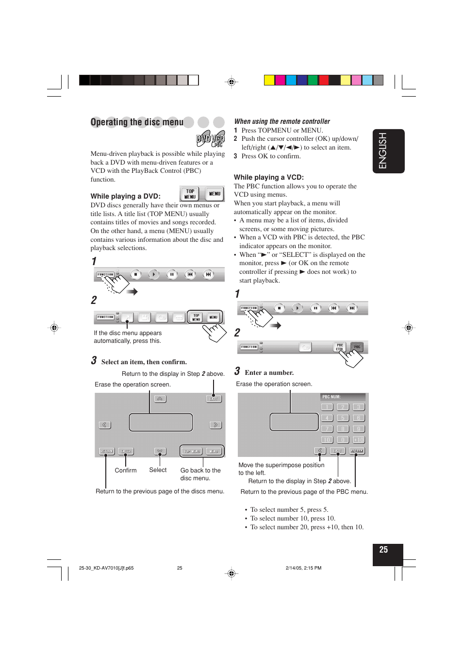 English, Operating the disc menu | JVC KD-AV7010 User Manual | Page 25 / 92