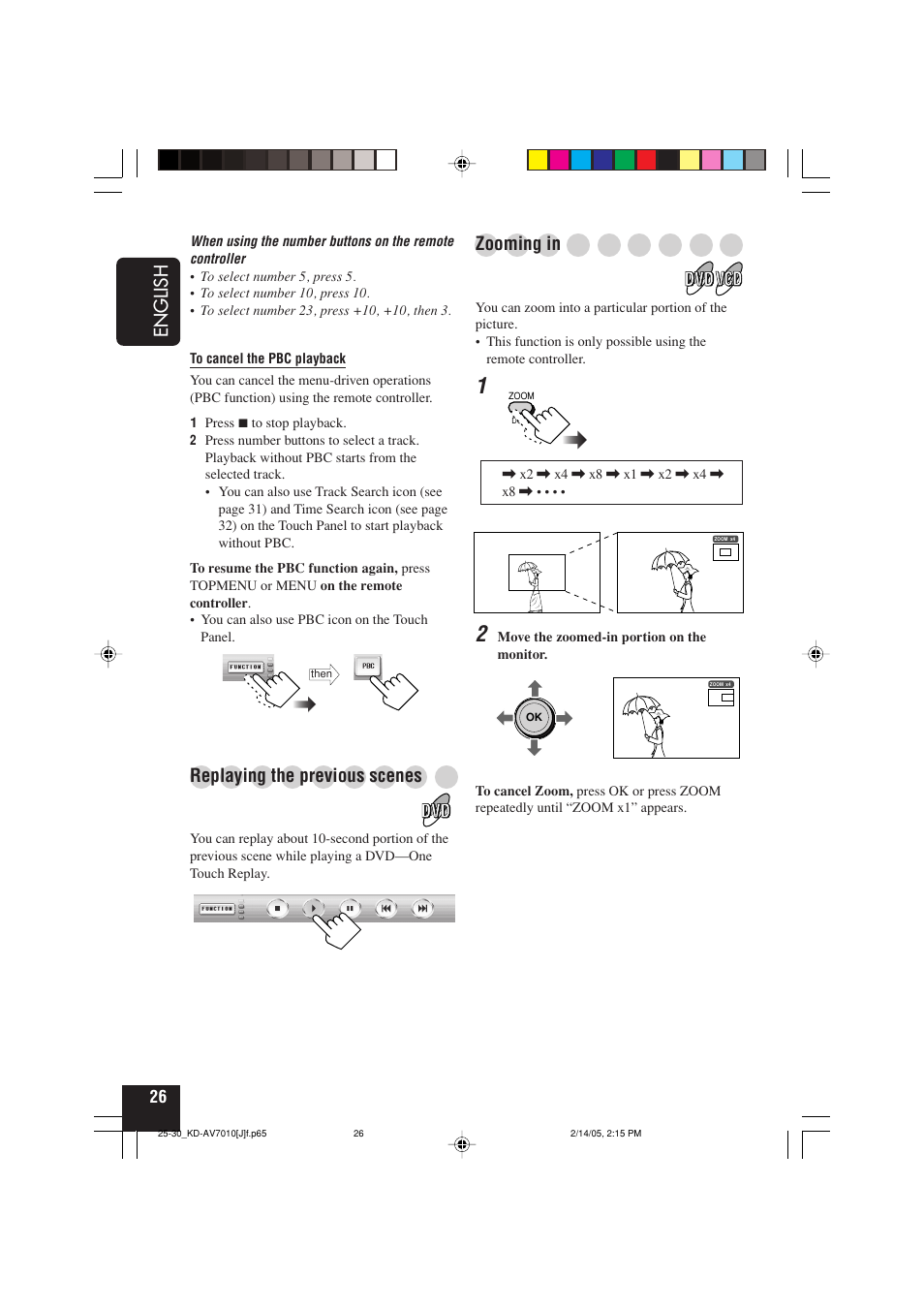 English, Replaying the previous scenes, Zooming in | JVC KD-AV7010 User Manual | Page 26 / 92