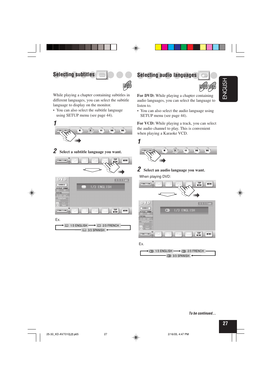 English, Selecting audio languages, Selecting subtitles | JVC KD-AV7010 User Manual | Page 27 / 92