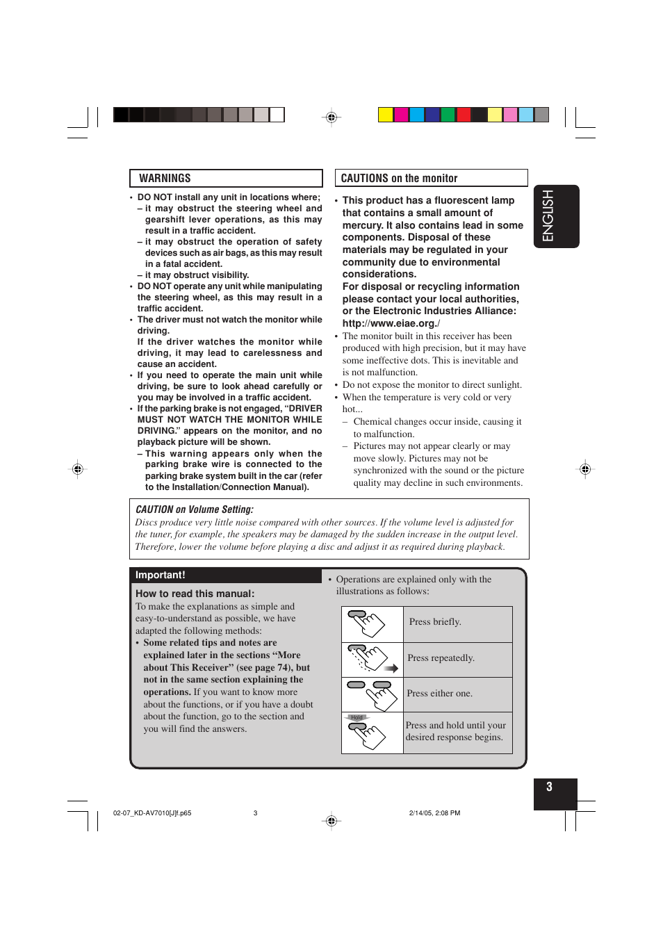 Warnings, Cautions on the monitor, English | JVC KD-AV7010 User Manual | Page 3 / 92