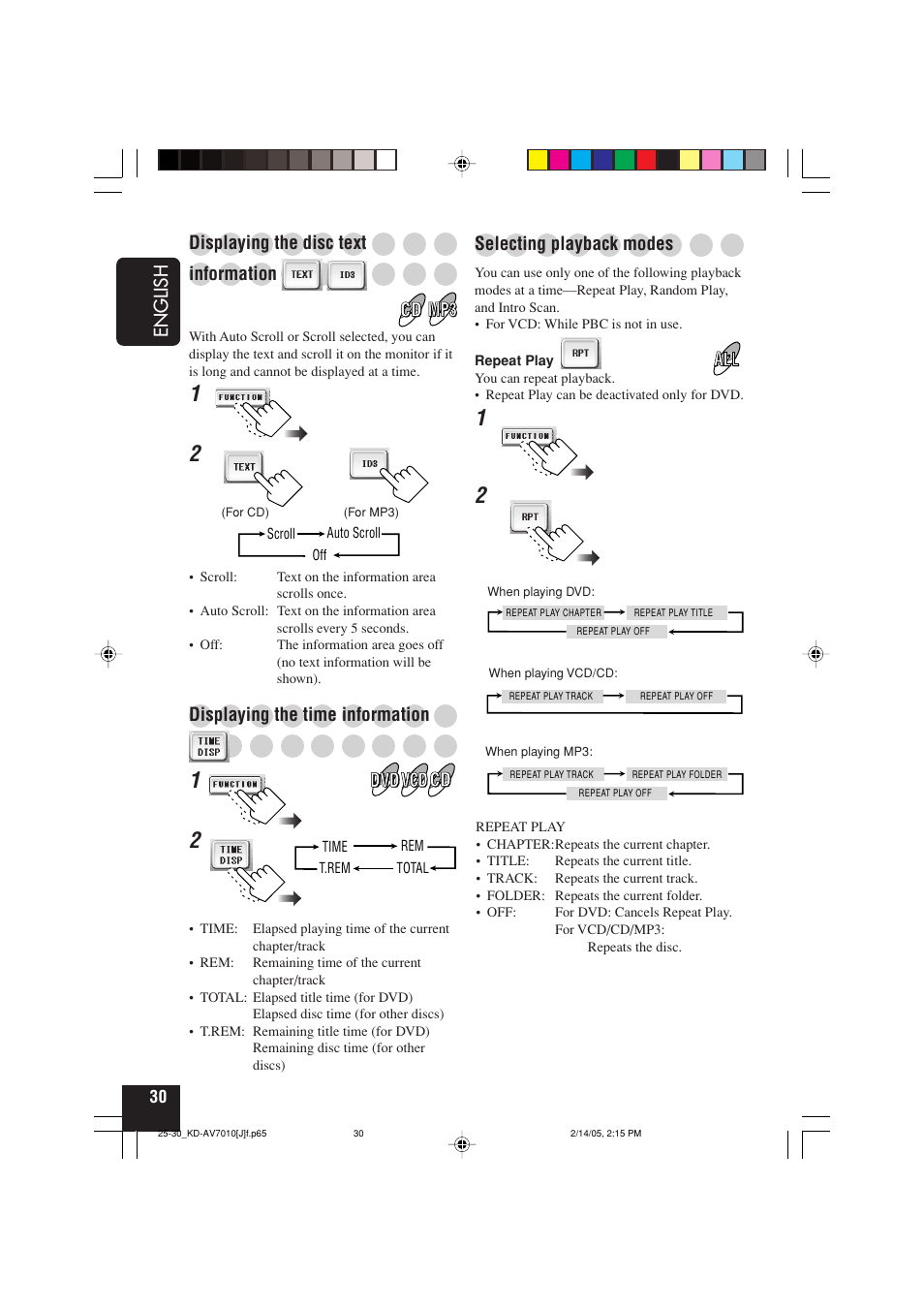 English, Displaying the disc text, Information | Displaying the time information, Selecting playback modes | JVC KD-AV7010 User Manual | Page 30 / 92