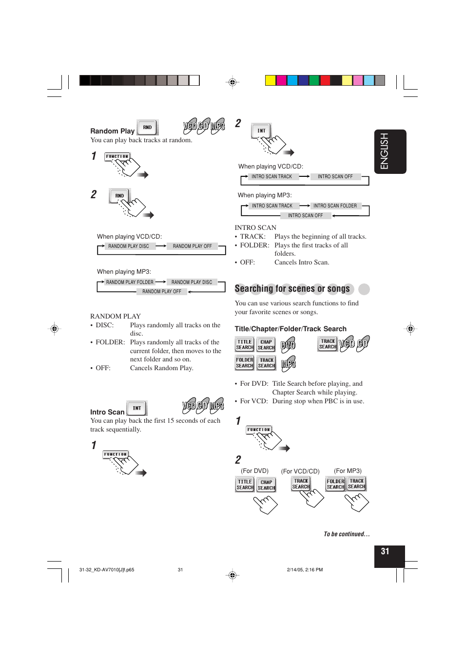 English, Searching for scenes or songs | JVC KD-AV7010 User Manual | Page 31 / 92