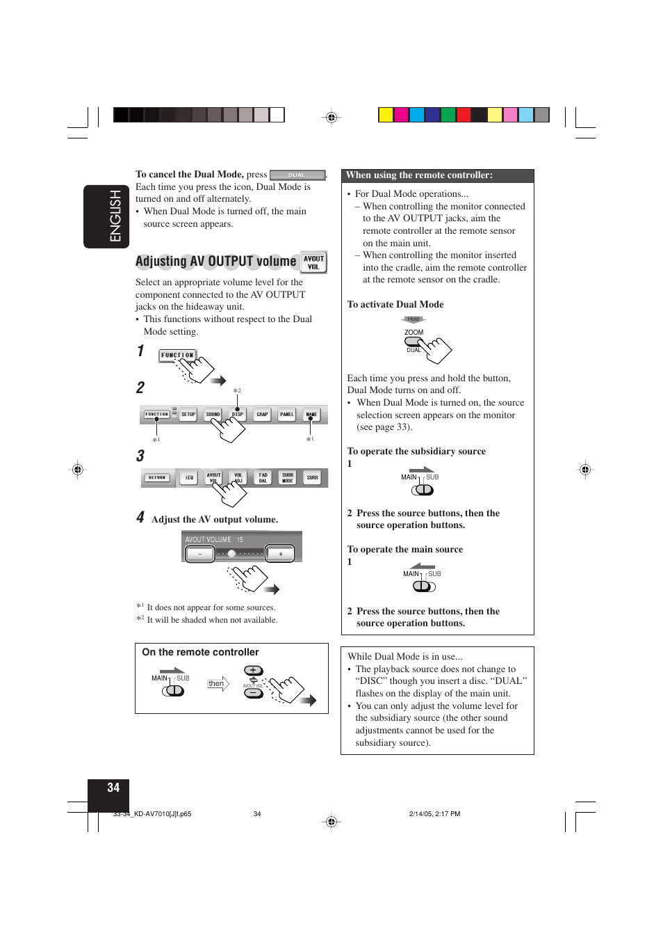 English, Adjusting av output volume | JVC KD-AV7010 User Manual | Page 34 / 92