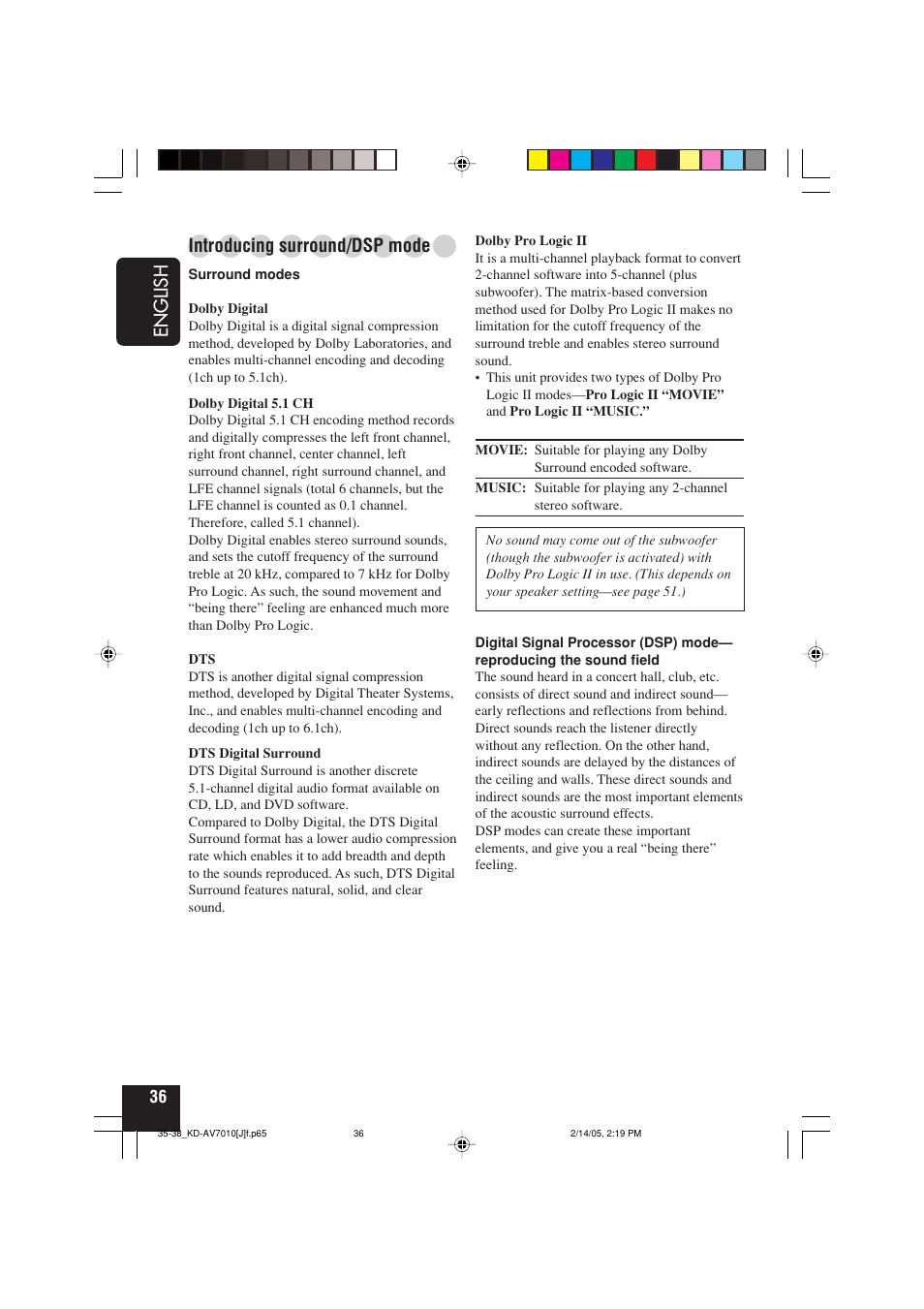 English, Introducing surround/dsp mode | JVC KD-AV7010 User Manual | Page 36 / 92