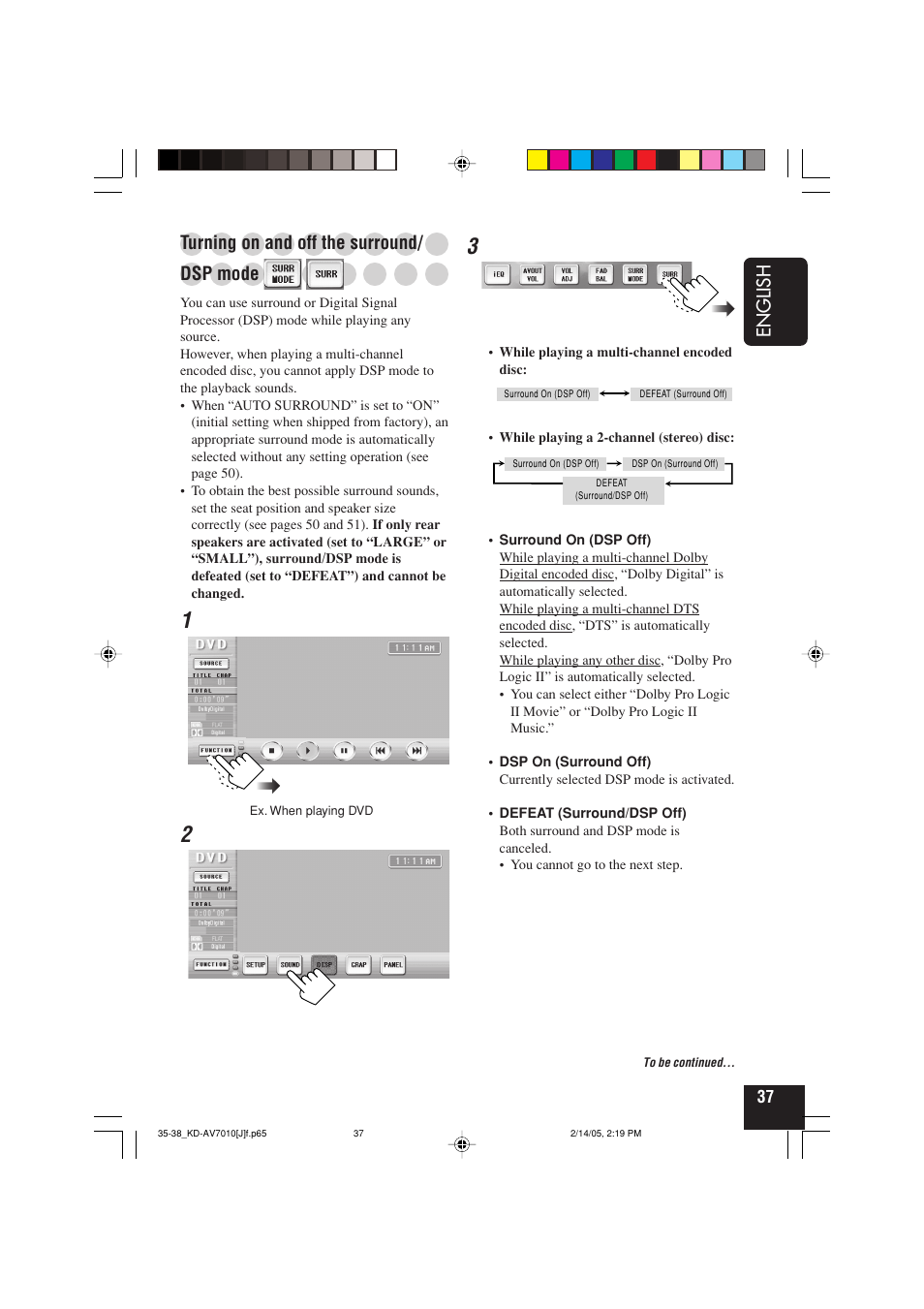 English, Turning on and off the surround, Dsp mode | JVC KD-AV7010 User Manual | Page 37 / 92