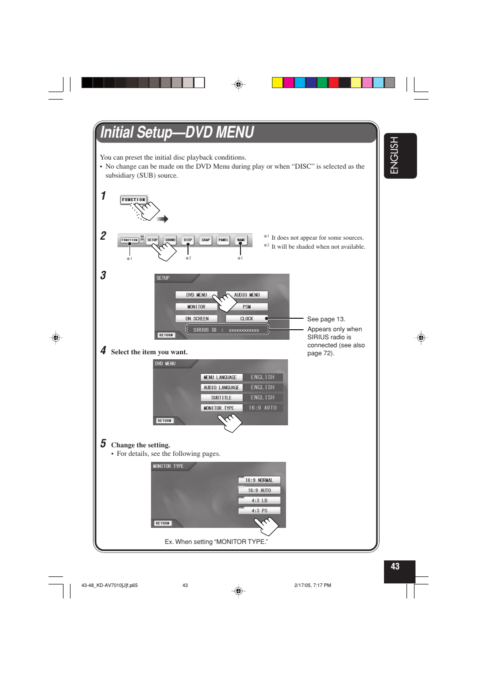 Initial setup—dvd menu, English | JVC KD-AV7010 User Manual | Page 43 / 92