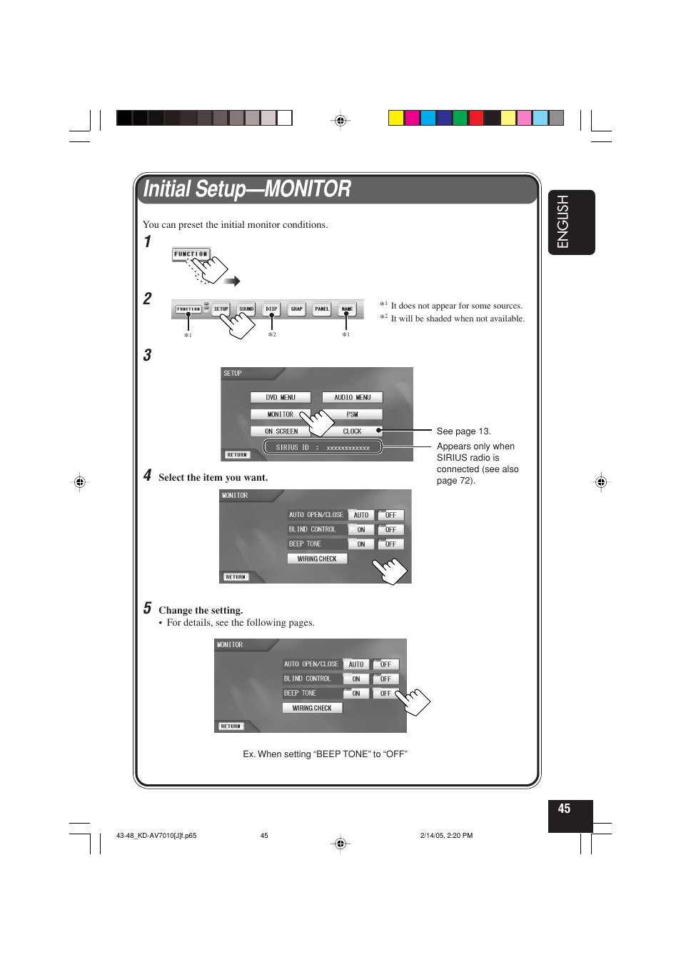 Initial setup—monitor, English | JVC KD-AV7010 User Manual | Page 45 / 92
