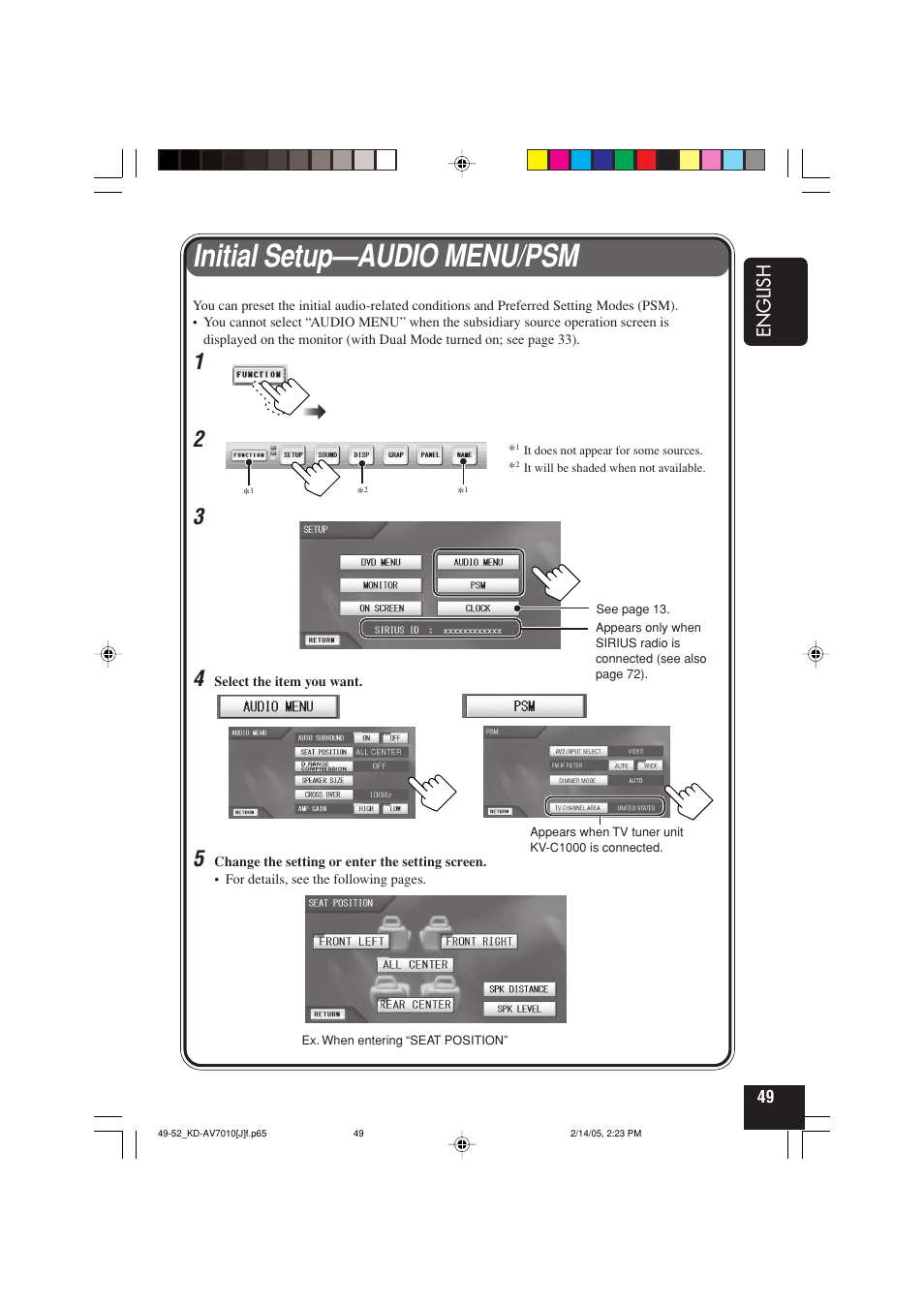 Initial setup—audio menu/psm, English | JVC KD-AV7010 User Manual | Page 49 / 92