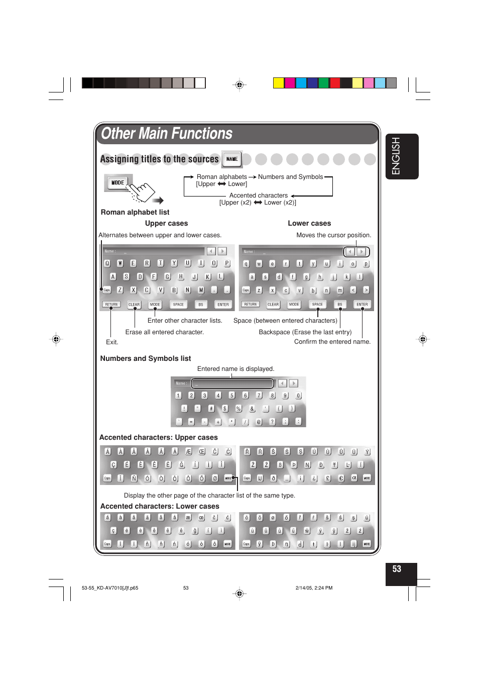 Other main functions, English, Assigning titles to the sources | JVC KD-AV7010 User Manual | Page 53 / 92