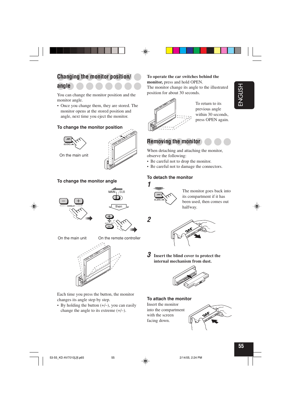 English, Removing the monitor, Changing the monitor position | Angle | JVC KD-AV7010 User Manual | Page 55 / 92
