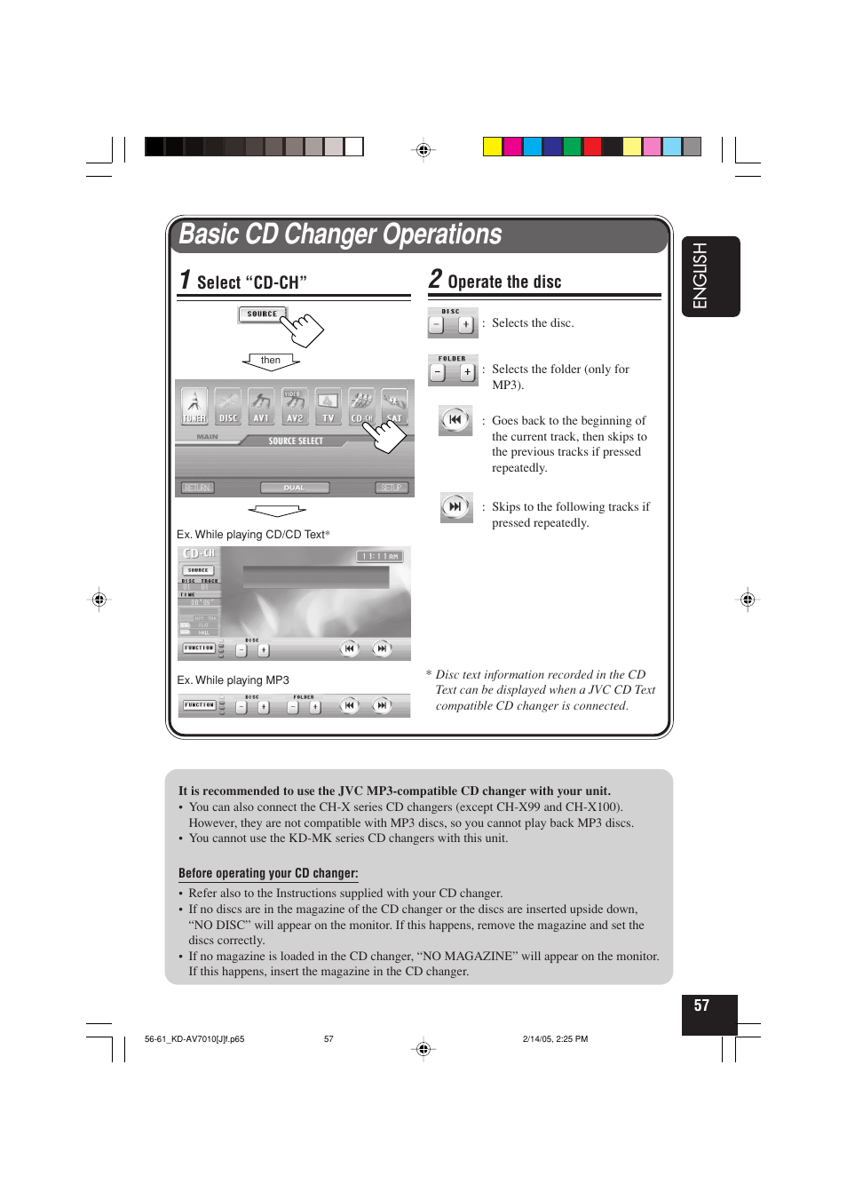 Basic cd changer operations, English, Select “cd-ch | Operate the disc | JVC KD-AV7010 User Manual | Page 57 / 92