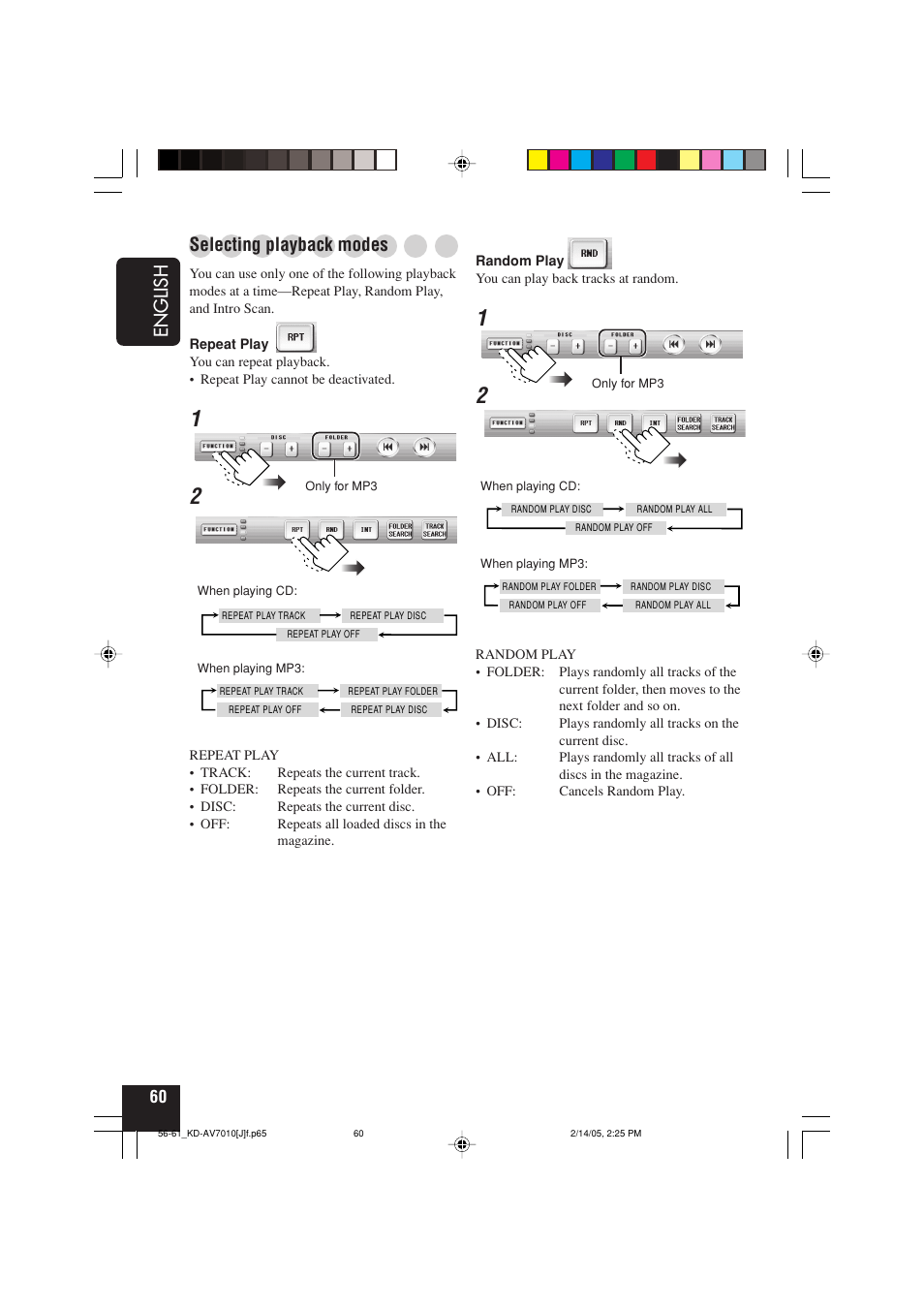 English, Selecting playback modes | JVC KD-AV7010 User Manual | Page 60 / 92