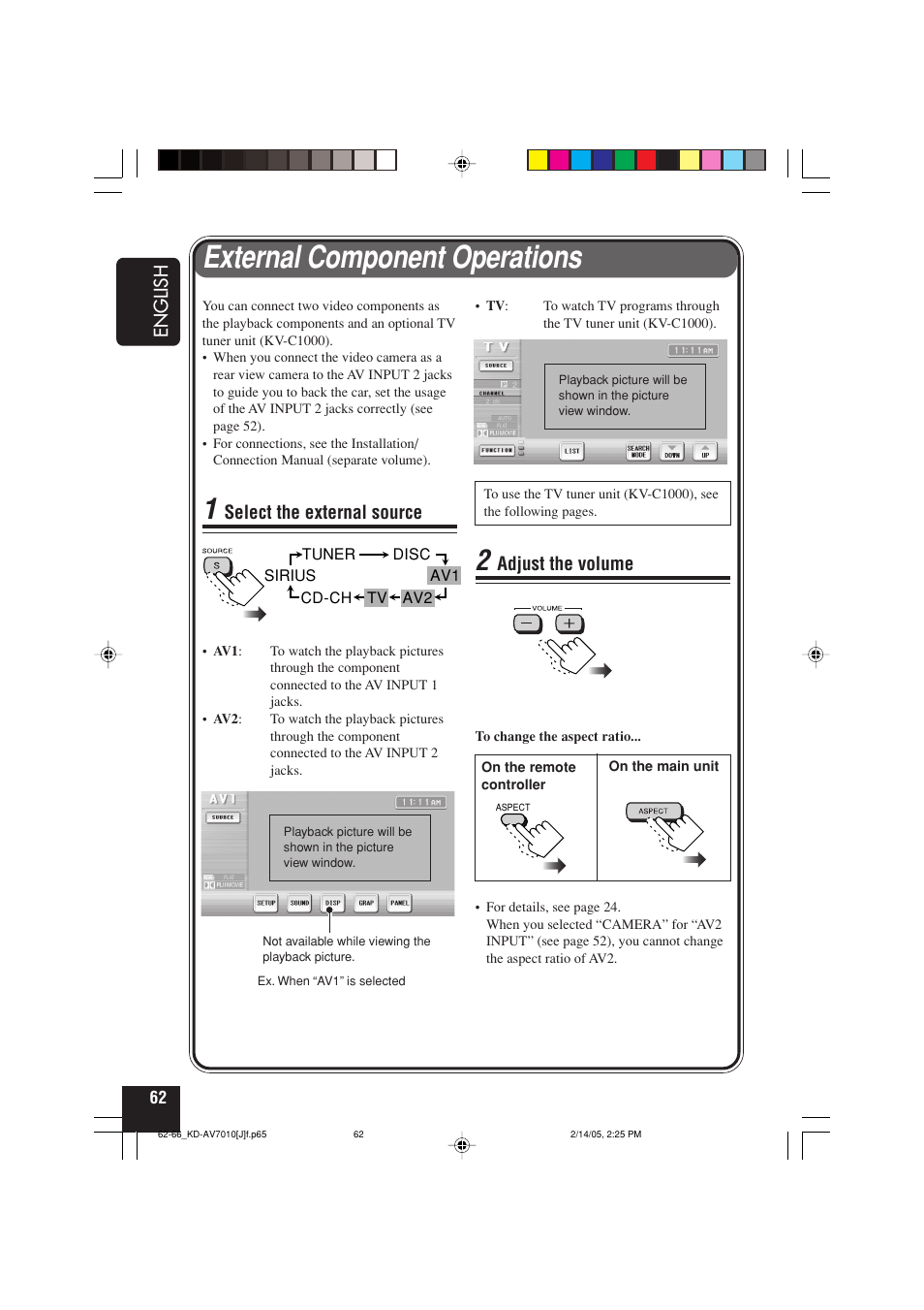 External component operations, English, Adjust the volume | Select the external source | JVC KD-AV7010 User Manual | Page 62 / 92